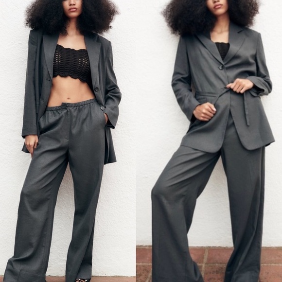 Zara Jackets & Blazers - ZARA New Gray Linen Blend Belted Lapel Collar Long Sleeves Blazer Size S 2753129